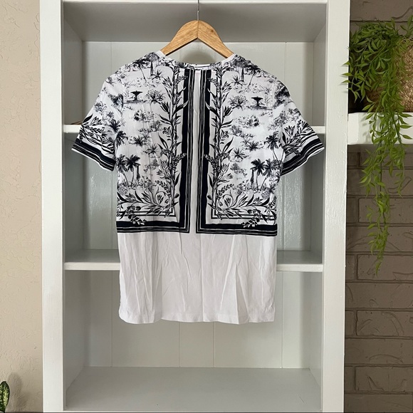 Tory Burch White & Navy Pima Cotton Short Sleeve Scoop Neck Plant Print Top - Picture 5 of 7